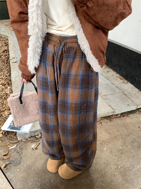 Stand Collar Fleece-Lined Button Aviator Jacket / Drawstring Waist Plaid Wide Leg Pants Product Image