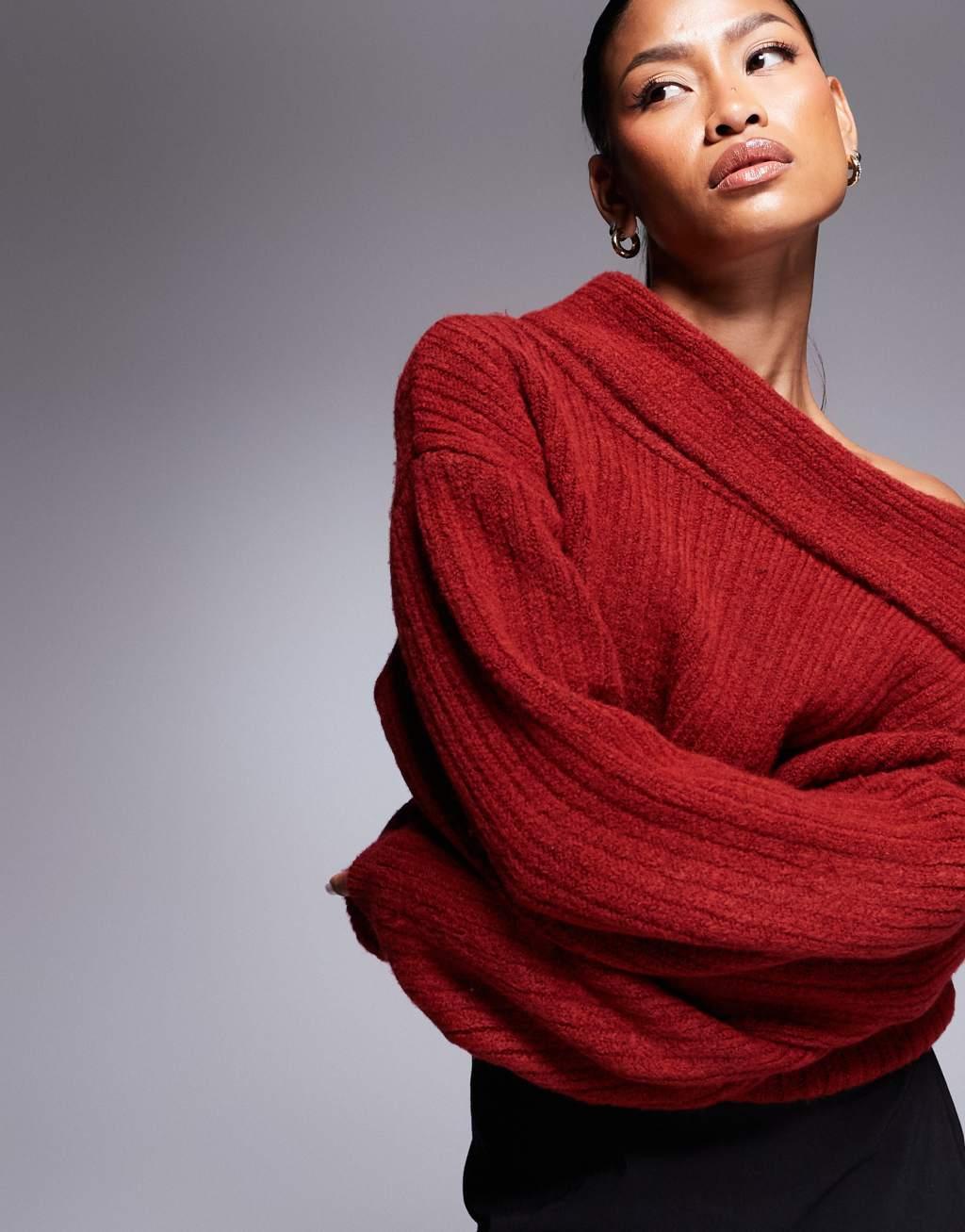 ASOS DESIGN oversized knitted off shoulder sweater in wine Product Image