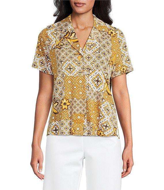 Investments Petite Size Knit Mosaic Patchwork Short Sleeve Button Front Notch Collar Camp Top Product Image
