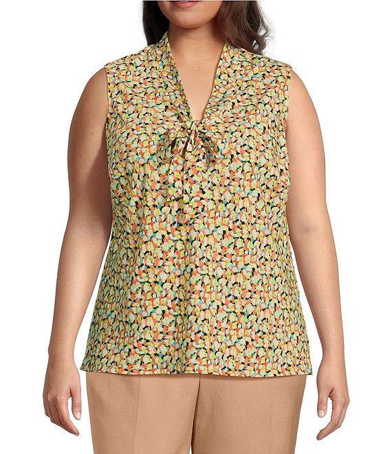 Kasper Plus Size Abstract Print CDC Tie Neck Sleeveless Fitted Blouse Product Image