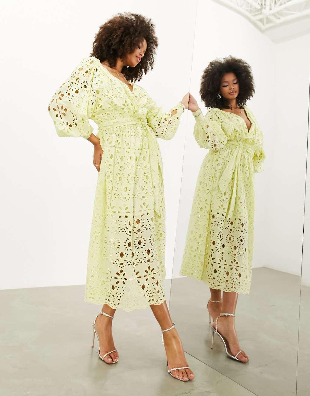 ASOS EDITION broderie wrap belted midi dress Product Image