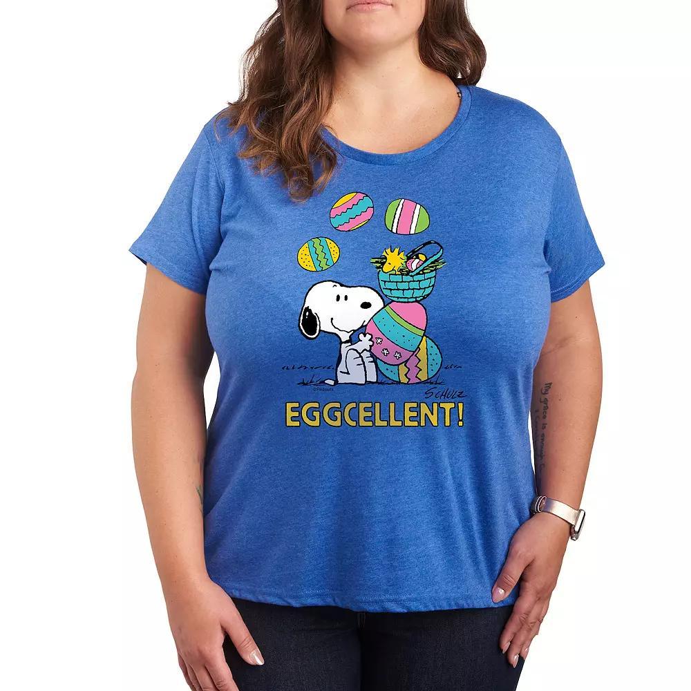 Plus Peanuts Snoopy & Woodstock Eggcellent Graphic Tee, Womens Grey Royal Blue Product Image