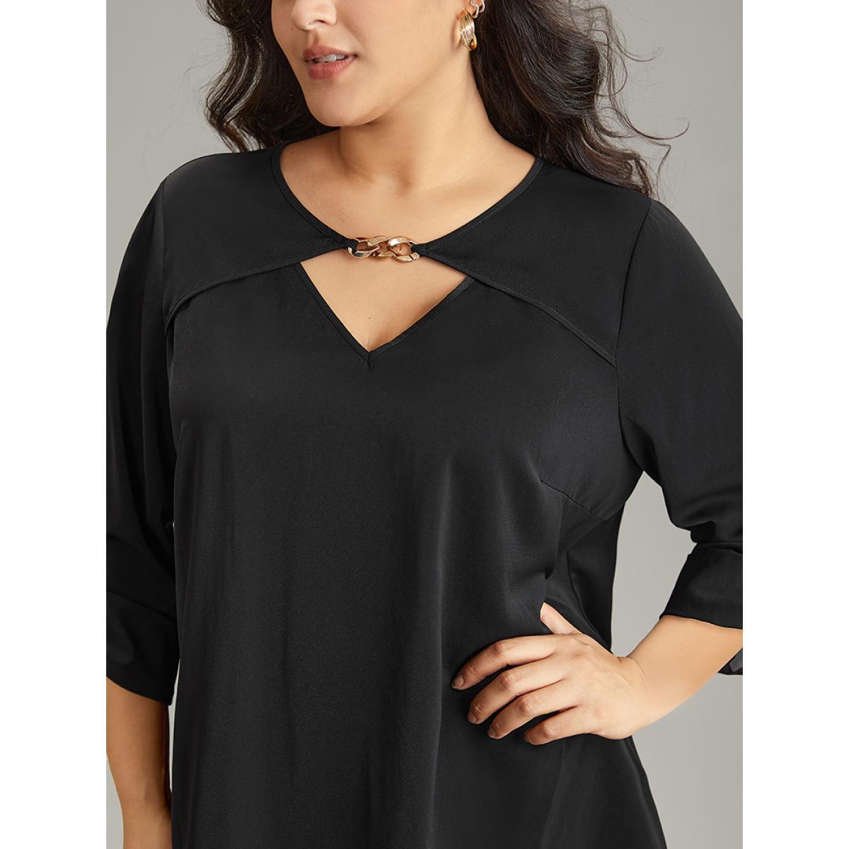 Plus Size Black Static-Free Plain Keyhole Chain Detail Blouse Women Office Long Sleeve Keyhole Cut-Out Work Blouses BloomChic 30/6X Product Image