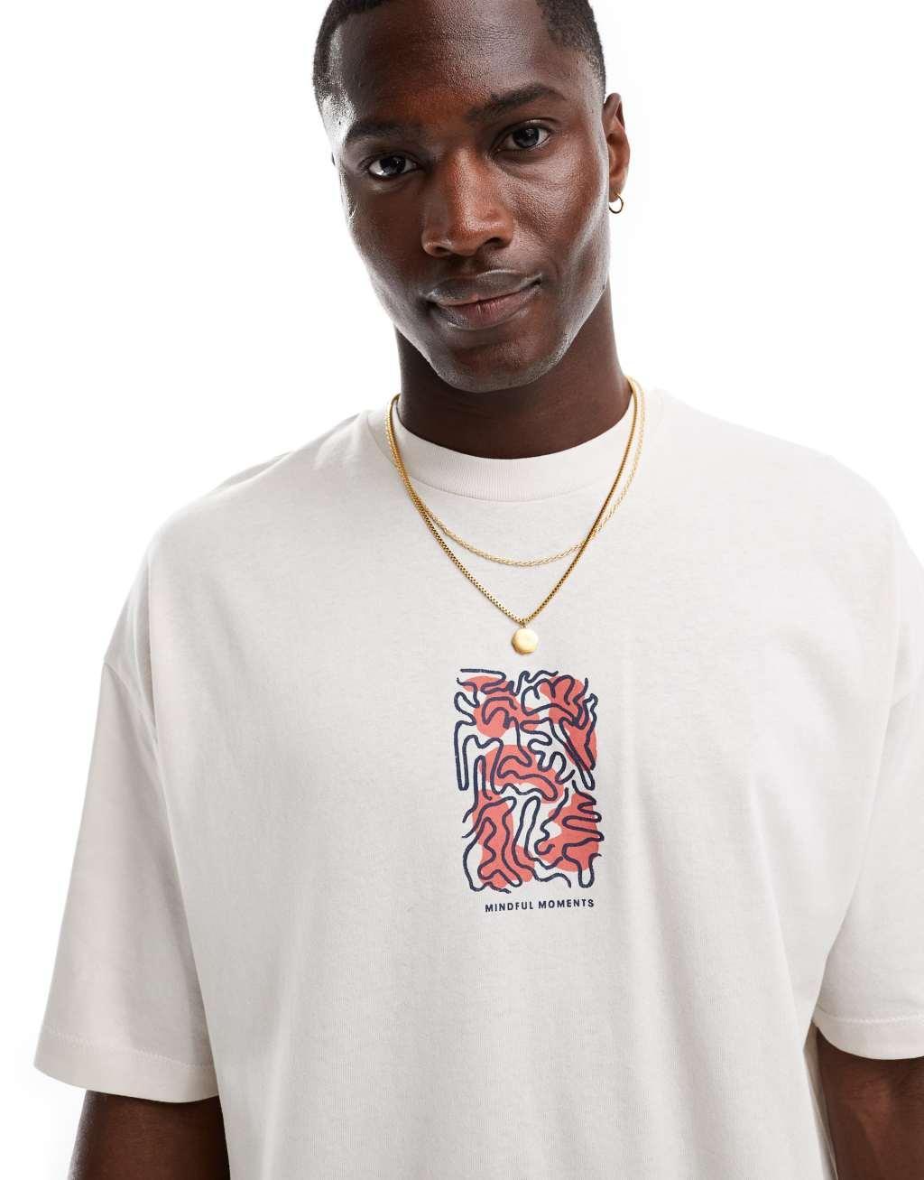 Selected Homme super oversized t-shirt with central print in cream Product Image
