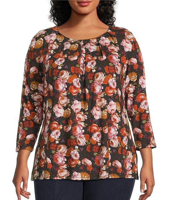 Intro Plus Size Knit Jersey Fudge Rose Print 3/4 Sleeve Pleated Neck Tee Product Image