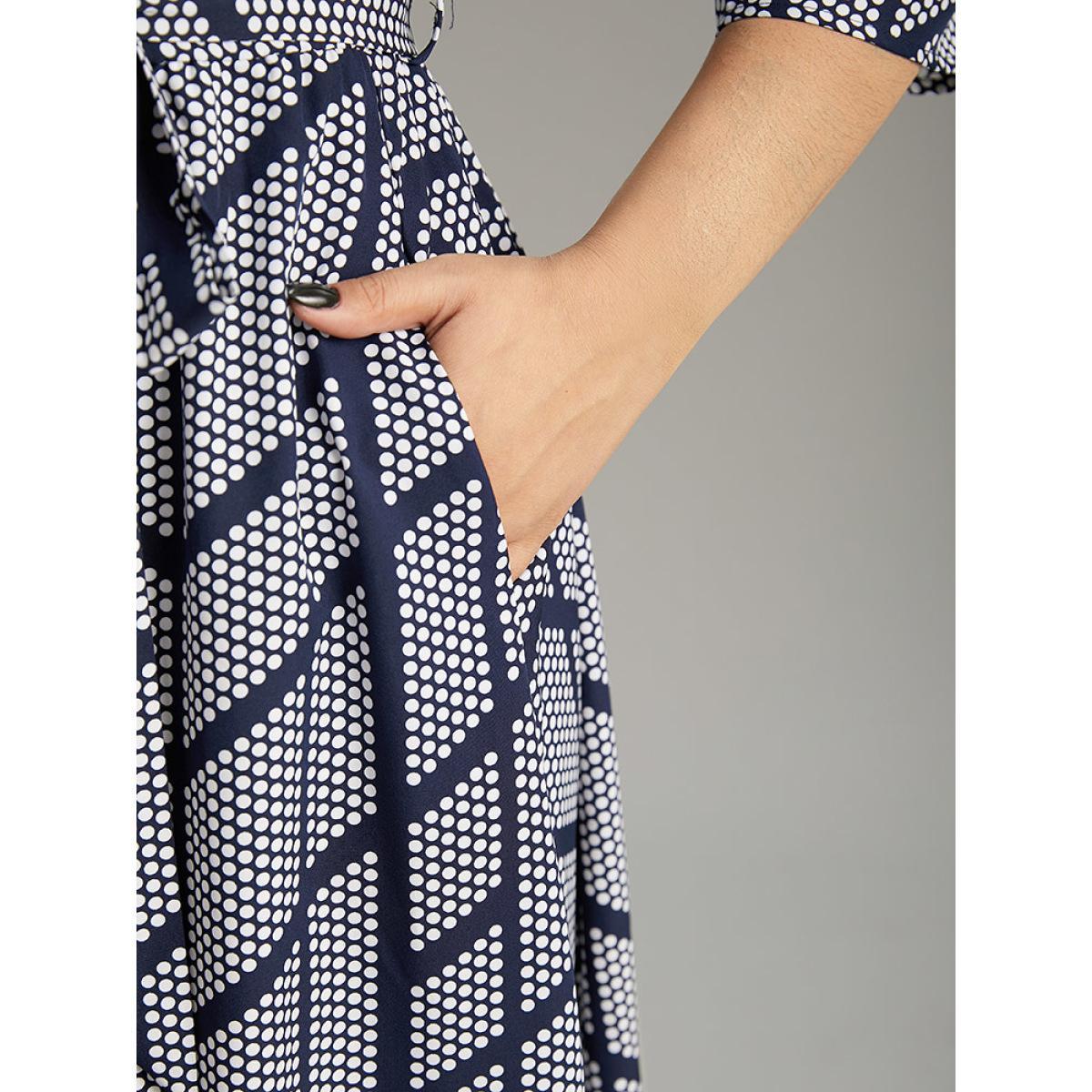 Plus Size Polka Dot Geometric Keyhole Belted Dress Indigo Women At the Office Belted Keyhole Cut-Out Half Sleeve Curvy Midi Dress BloomChic 10/M Product Image