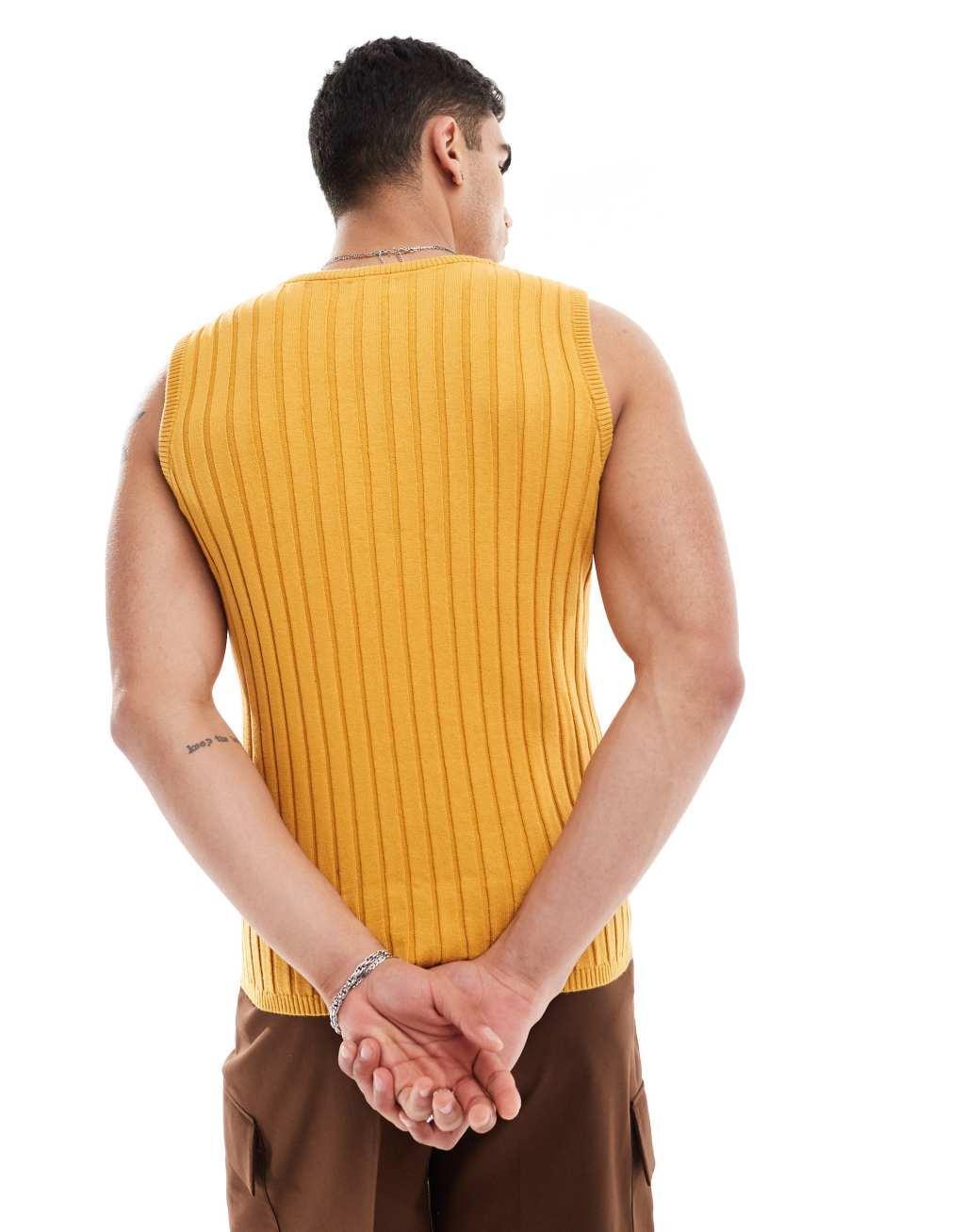 ASOS DESIGN muscle lightweight knitted rib tank top in mustard Product Image