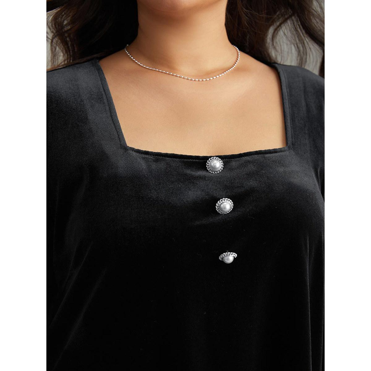 Plus Size Black Velvet Metal Button Detail Blouse Women Elegant Long Sleeve Square Neck Dailywear Blouses BloomChic 10/M Product Image