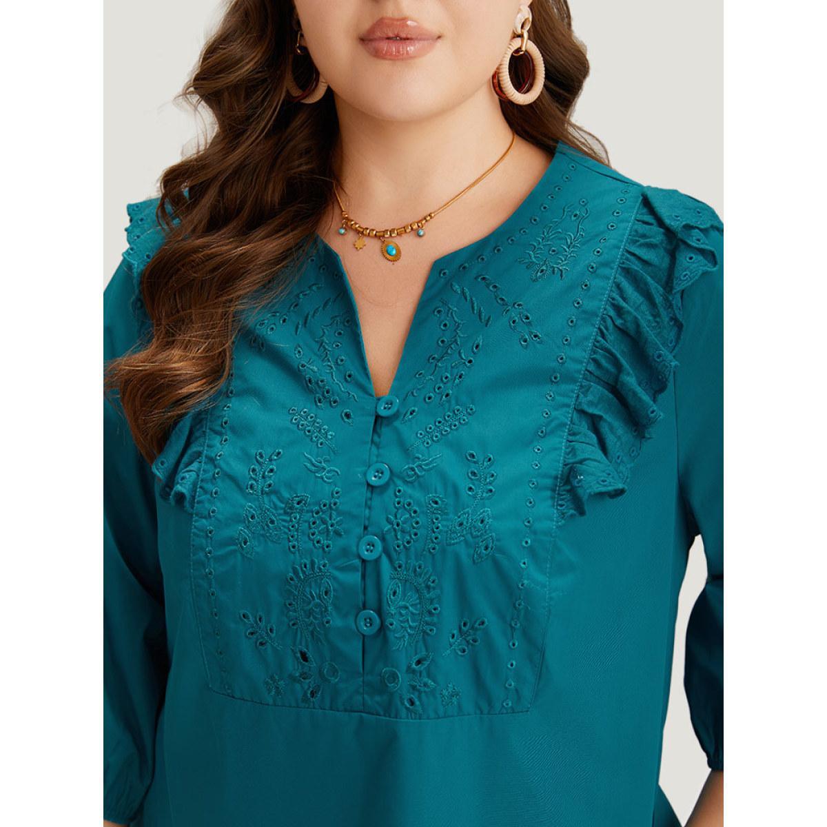 Plus Size Plain Ruffle Trim Lantern Sleeve Dress Cerulean Women Vacation Elastic cuffs Notched collar Elbow-length sleeve Curvy Midi Dress BloomChic 14-16/1X Product Image