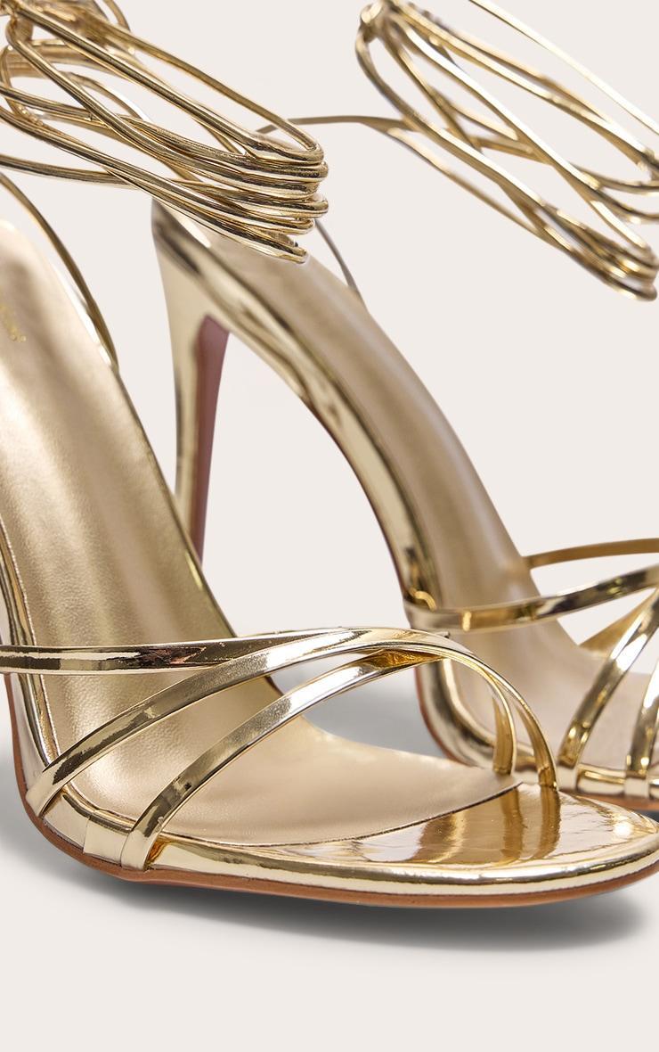 Gold Metallic Round Toe Lace Up High Heeled Sandals Product Image