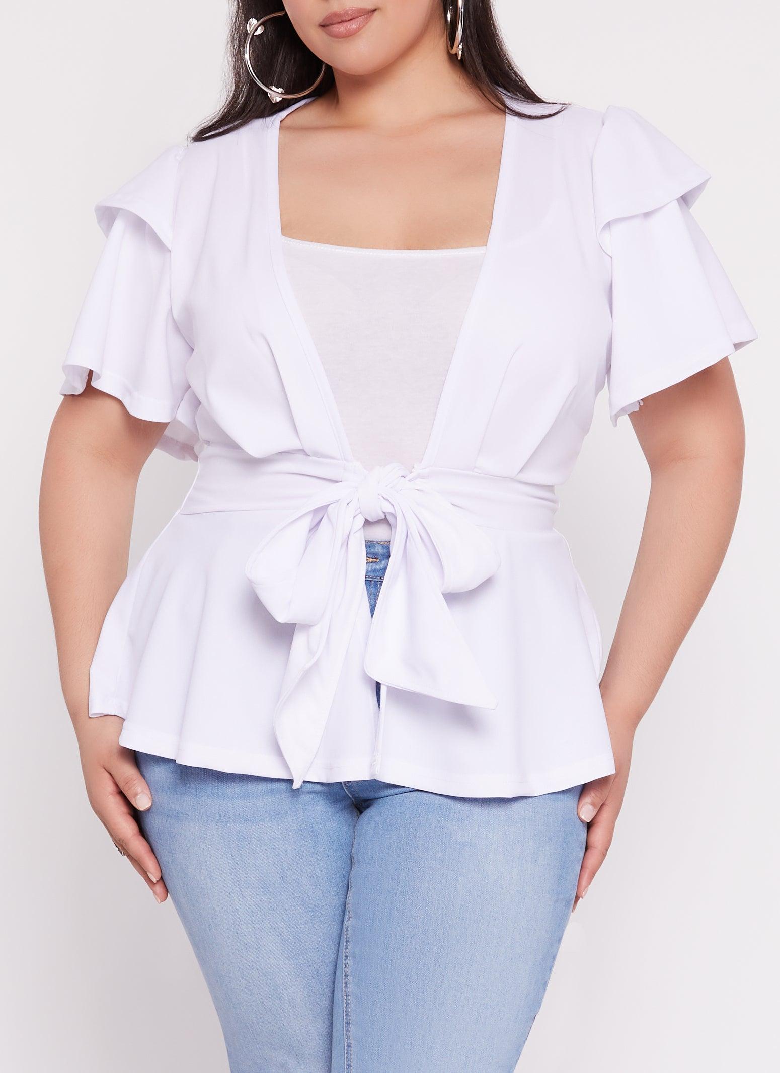 Womens Plus Size Tiered Sleeve Tie Front Peplum Top Product Image