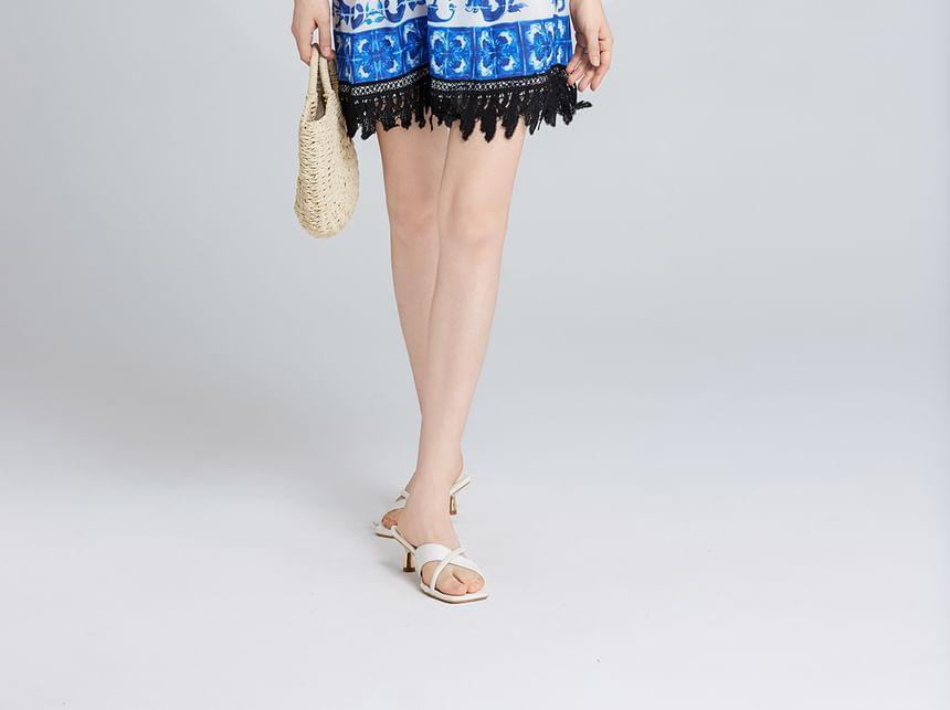 Long Sleeve Stand Collar Patterned Print Panel Lace Mini A-Line Dress Product Image