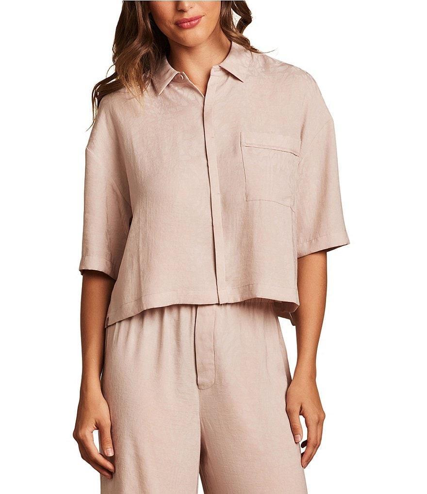 Barefoot Dreams Washed Satin Notch Collar Jacquard 3/4 Sleeve Coordinating Cropped Sleep Top Product Image