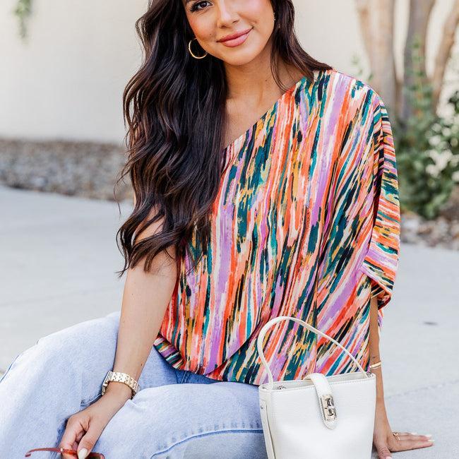 All Dressed Up Multi Printed Satin One Shoulder Blouse FINAL SALE Product Image