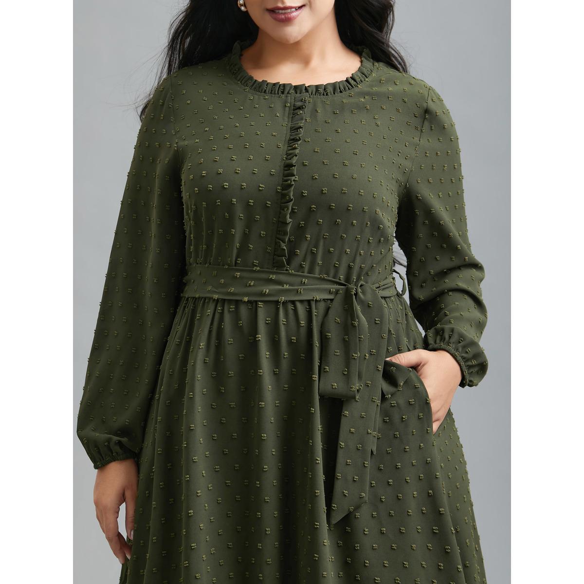 Plus Size Textured Waist-Tie Ruffled Edges Dress ArmyGreen Women Elegant Texture Round Neck Long Sleeve Curvy BloomChic 12/L Product Image