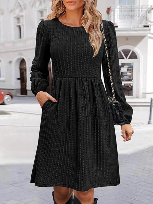 A-Line Long Sleeves Jacquard Solid Color Round-Neck Mini Dresses Product Image