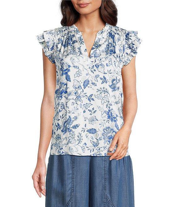 Current Air Woven Floral Print Ruffle Collar Short Sleeves Smoke Yoke Blouse Product Image