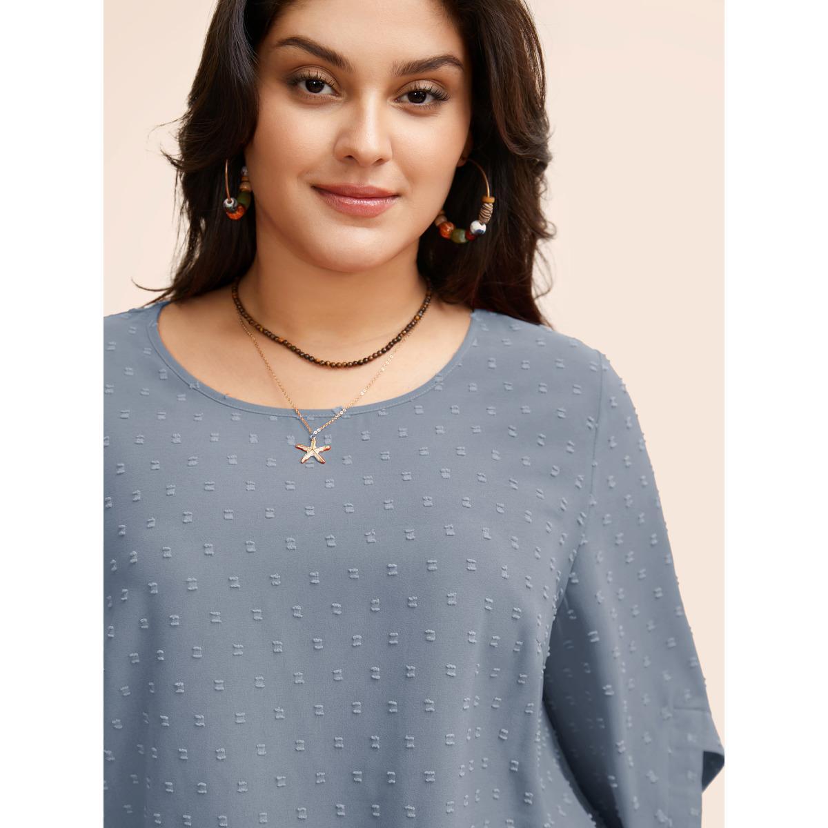 Plus Size Stone Textured Round Neck Bell Sleeve Blouse Women Elegant Elbow-length sleeve Round Neck Everyday Blouses BloomChic 26/4X Product Image