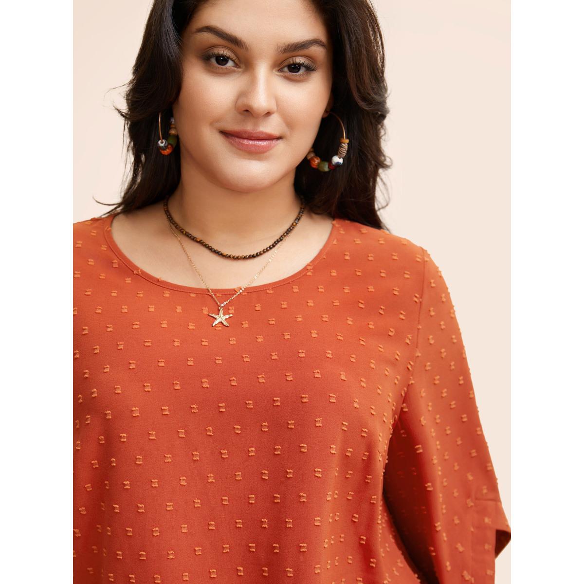 Plus Size OrangeRed Textured Round Neck Bell Sleeve Blouse Women Elegant Elbow-length sleeve Round Neck Everyday Blouses BloomChic 22-24/3X Product Image