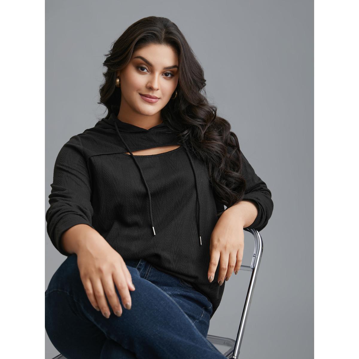 Plus Size Neck Cut-Out Elastic Textured Hoodie Women Black Elegant Texture Bodycon Hooded Everyday Sweatshirts BloomChic 22-24/3X Product Image