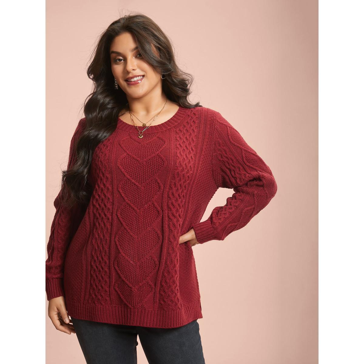 Plus Size Crew Neck Split Hem Textured Pullover Brightred Women Casual Loose Long Sleeve Round Neck Everyday Pullovers BloomChic 12/L Product Image