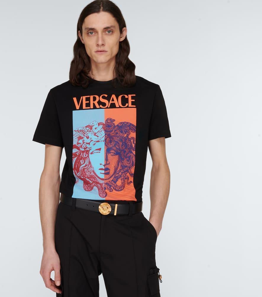 VERSACE Medusa Streamlined Leather Belt With Adjustable Length And Gold-tone Buckle In Black Product Image