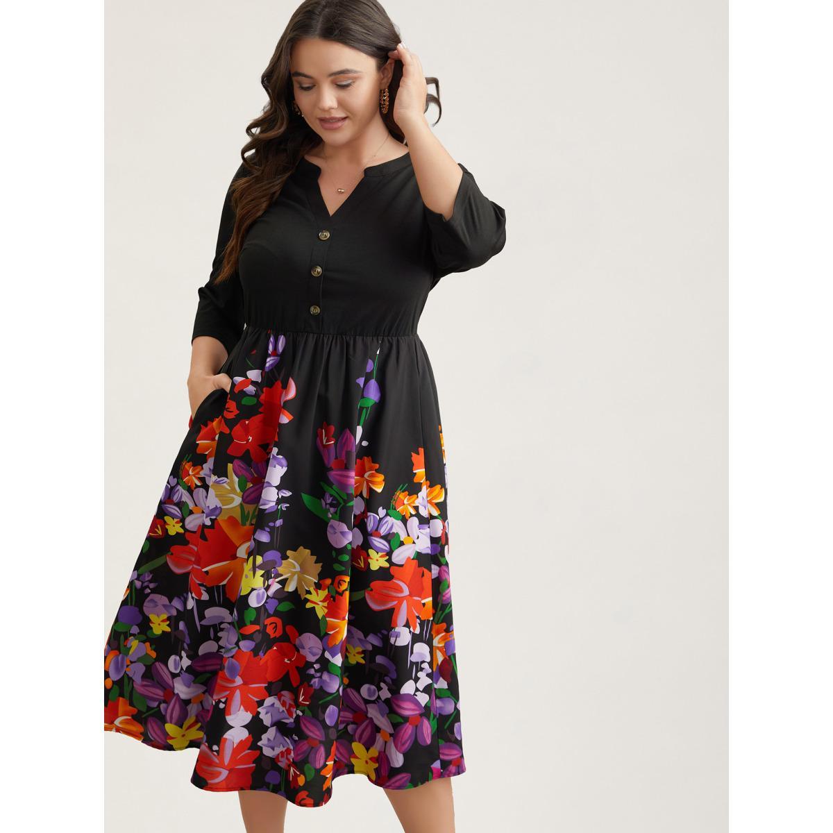 Plus Size Brush Stroke Flowers Notched Collar Dress Black Women Casual Button V-neck Elbow-length sleeve Curvy BloomChic 28/5X Product Image