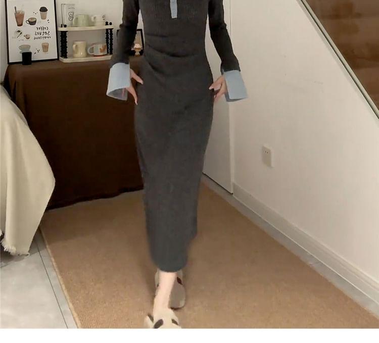 Long-Sleeve Two Tone Knit Maxi Sheath Dress Product Image