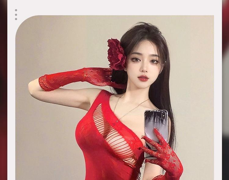 Lingerie Set: Asymmetrical Mesh Nightdress + Gloves Product Image