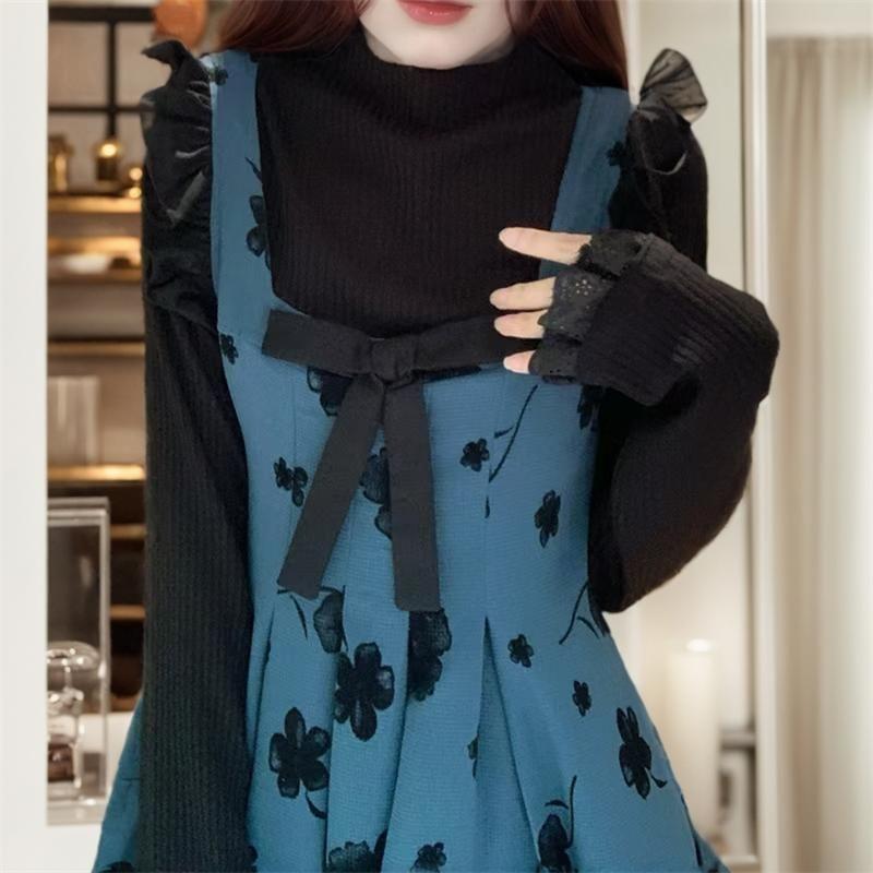 Long-Sleeve Mock Neck Plain Lace Trim Knit Top / Square Neck Floral Bow Midi A-Line Dungaree Dress / Set Product Image