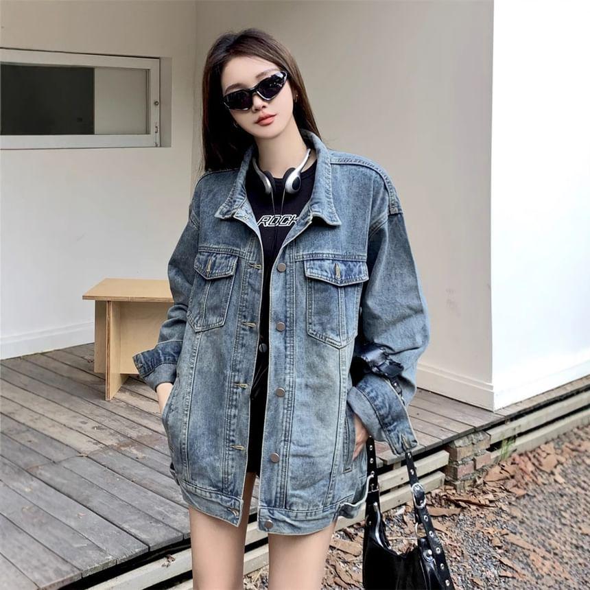 Collared Washed Denim Button Up Jacket Product Image