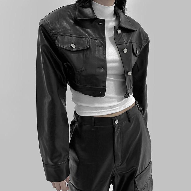 Collared Plain Button-Up Faux Leather Crop Jacket Product Image