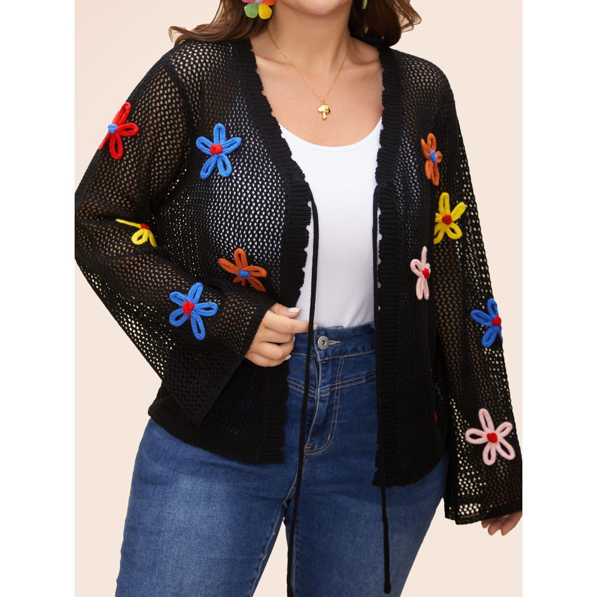 Plus Size Knit Floral Front Tie Cardigan Black Women Casual Loose Long Sleeve Everyday Cardigans BloomChic 28/5X Product Image