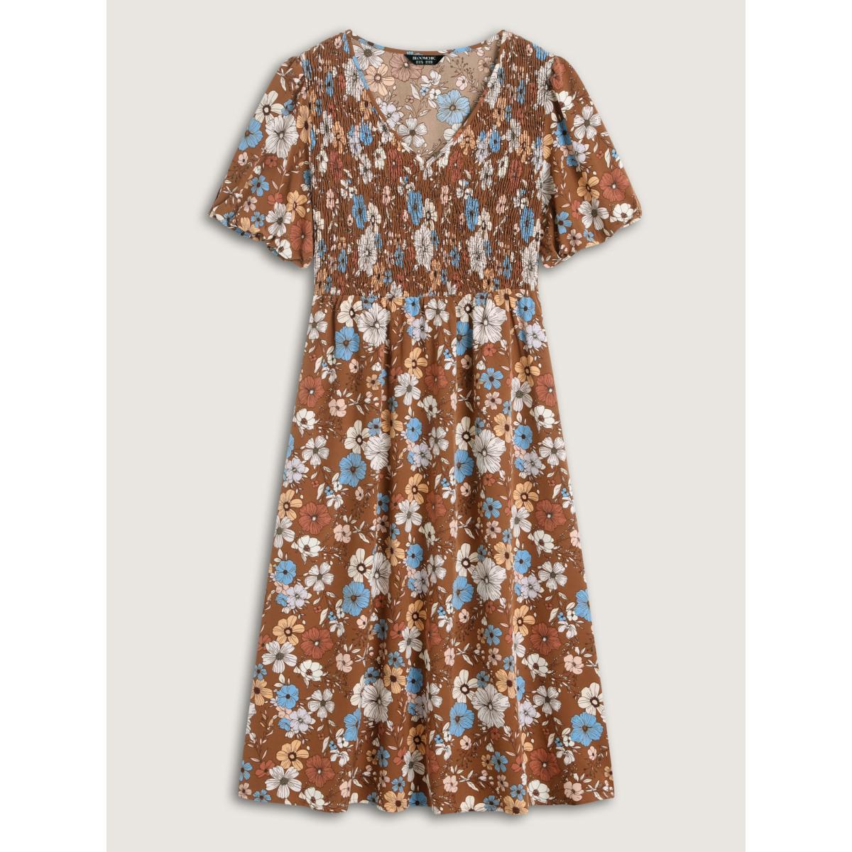 Plus Size Fall Florals Shirred Bodice Midi Dress Yellowishbrown Women V-neck Short sleeve Curvy BloomChic 28/5X Product Image