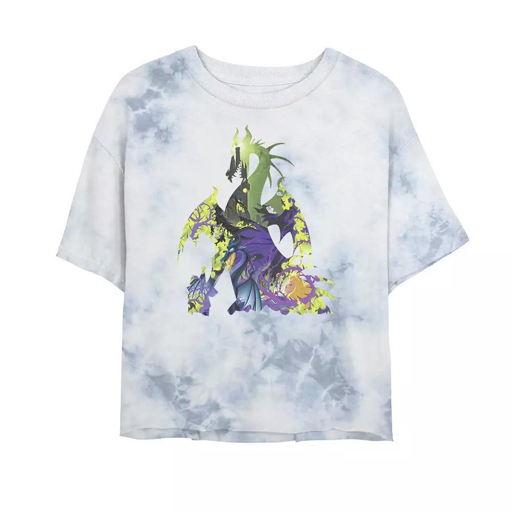Juniors' Disney Princess Sleeping Beauty Maleficent Dragon Silhouette Bombard Wash Crop Graphic Tee, Women's, Size: XL, White Blue Product Image