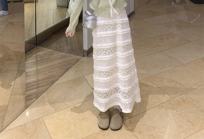Round Neck Two Tone Bow Cardigan / Spaghetti Strap Contrast Trim Tiered Panel Lace Maxi A-Line Dress Product Image