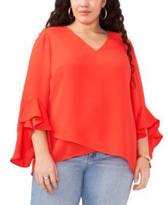 Vince Camuto Plus Size Luxe Crepe De Chine 34 Ruffle Sleeve V-Neck Crisscross Hem Tunic Product Image