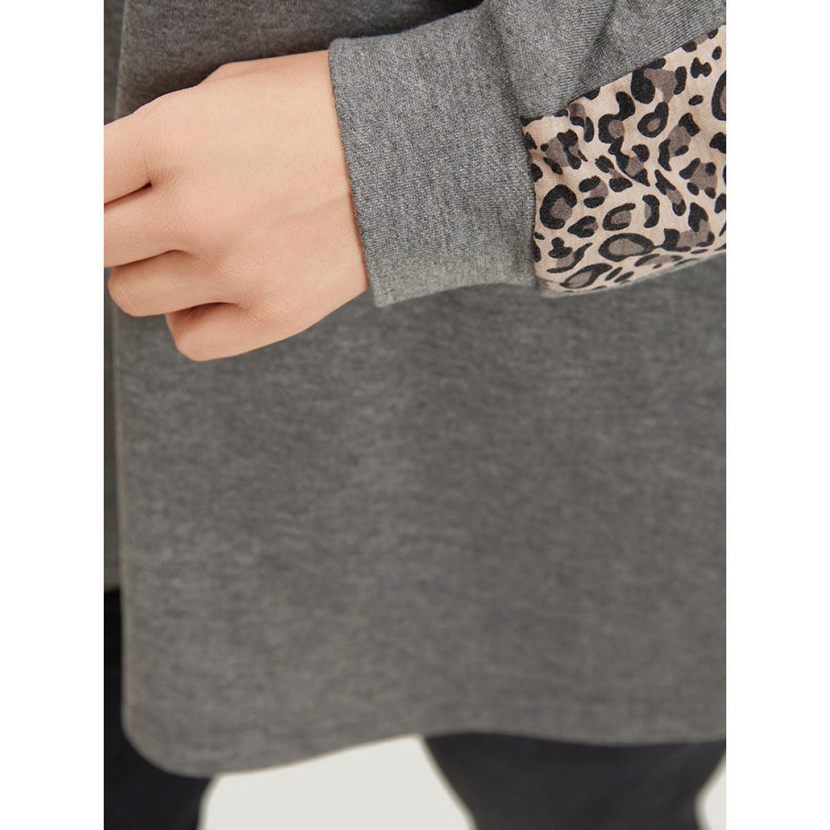 Plus Size Leopard Patchwork Notched Raglan Sleeve Sweatshirt Women Gray Casual Patchwork Notched collar Dailywear Sweatshirts BloomChic 22-24/3X Product Image