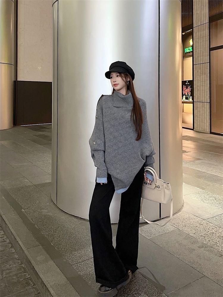 Turtleneck Batwing Sleeve Drop Shoulder Sweater / Mid Waist Flared Jeans Product Image