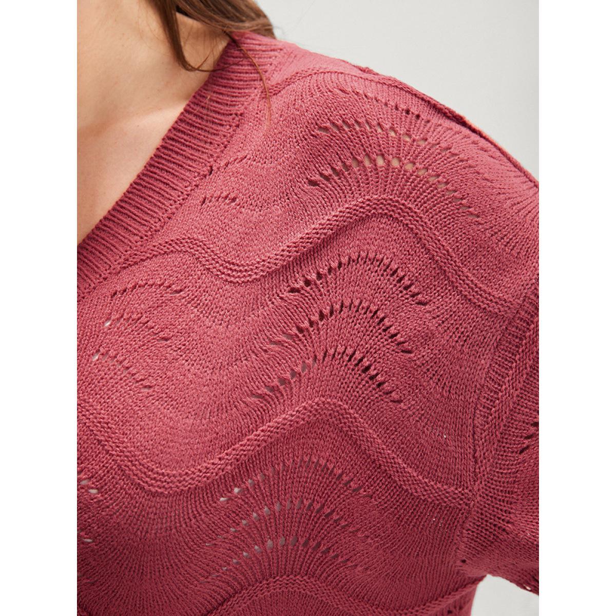 Plus Size Plain Pointelle Knit Water Ripple Eyelet Knit Top Scarlet Women Casual Loose Long Sleeve V-neck Dailywear Pullovers BloomChic 28/5X Product Image