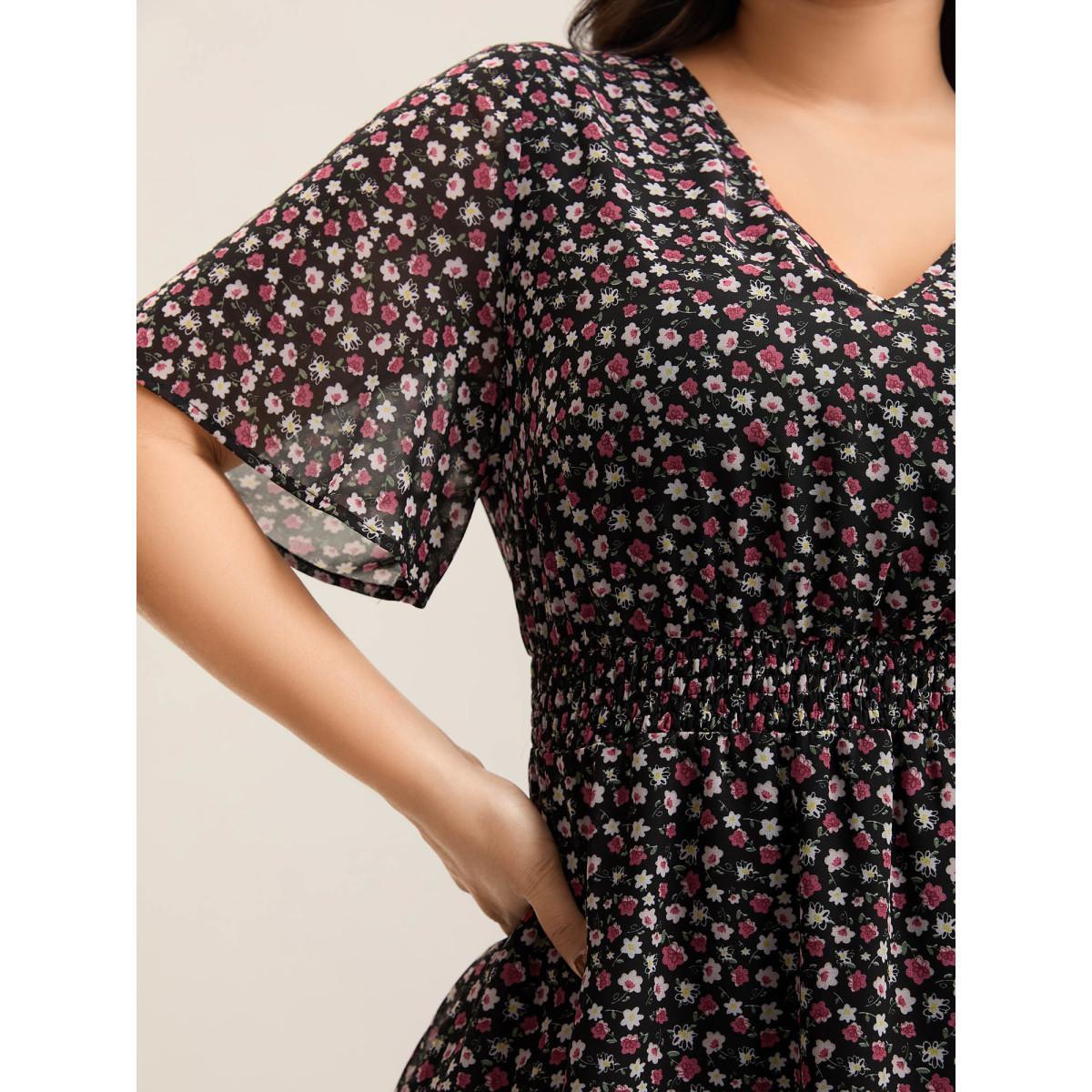 Plus Size Black Floral Print Shirred Waist Cinched Shirt Women Elegant Half Sleeve V-neck Everyday Blouses BloomChic 12/L Product Image