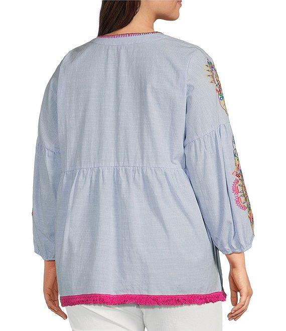 Calessa Plus Size Embroidered Patchwork Split Round V-Neck 3/4 Sleeve Tunic Product Image