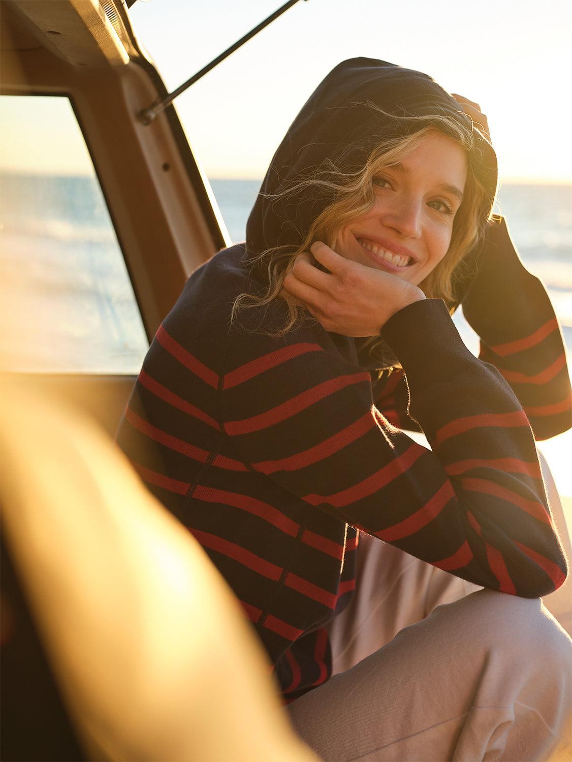 Wharf Knit Hoodie in Navy/Burgundy Stripe Product Image