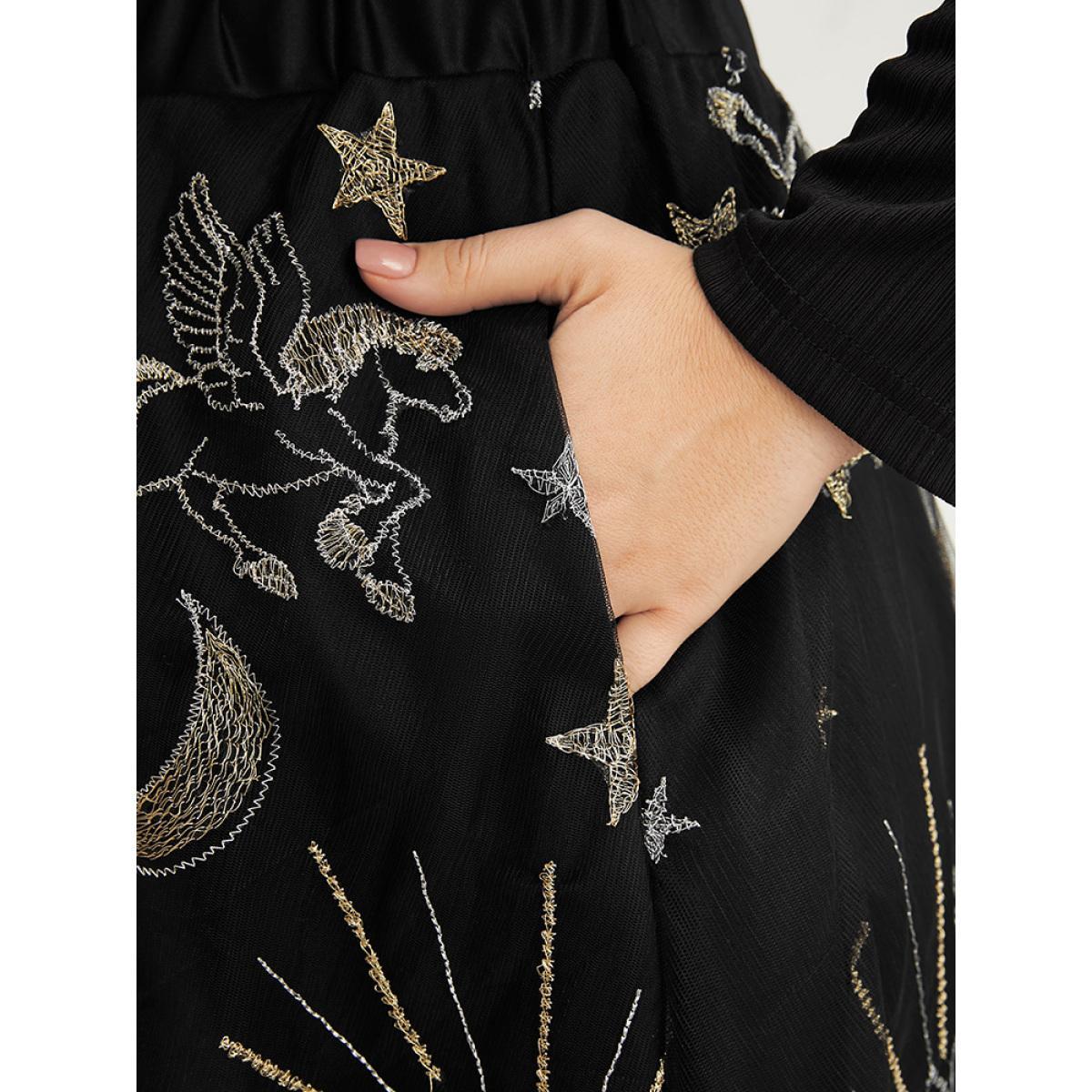 Plus Size Moon And Star Embroidered Mesh Elastic Waist Skirt Women Black Glamour Embroidered No stretch Going out Skirts BloomChic 10/M Product Image