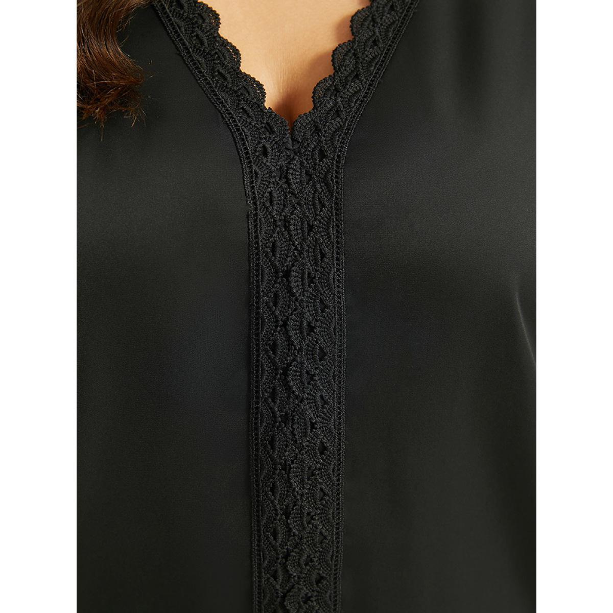 Plus Size Black Lace Panel V Neck Shirred Mesh Blouse Women Glamour Long Sleeve V-neck Going out Blouses BloomChic 14-16/1X Product Image