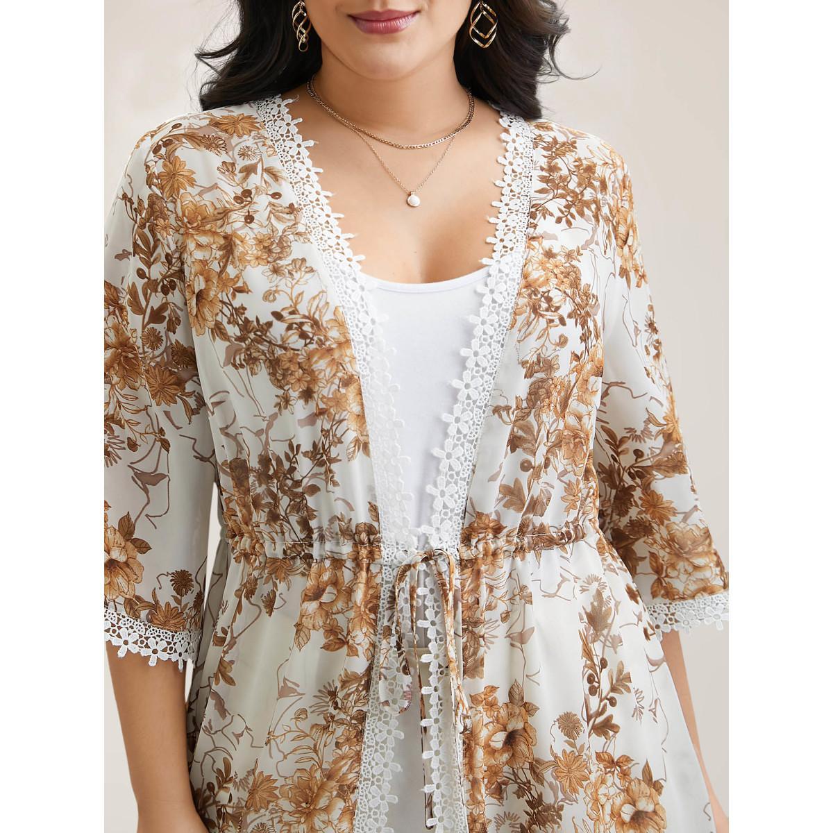 Plus Size Chiffon Floral Print Lace Open-Front Kimono Women Originalwhite Elegant Woven ribbon&lace trim Everyday Kimonos BloomChic 30/6X Product Image