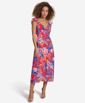 Siena Womens Floral Back-Cutout Ruffled Sleeveless Midi Dress Product Image