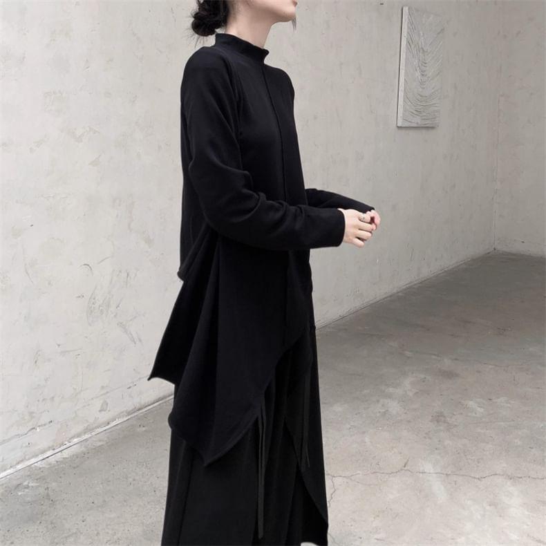 Long-Sleeve Mock Neck Asymmetrical Plain Top Product Image