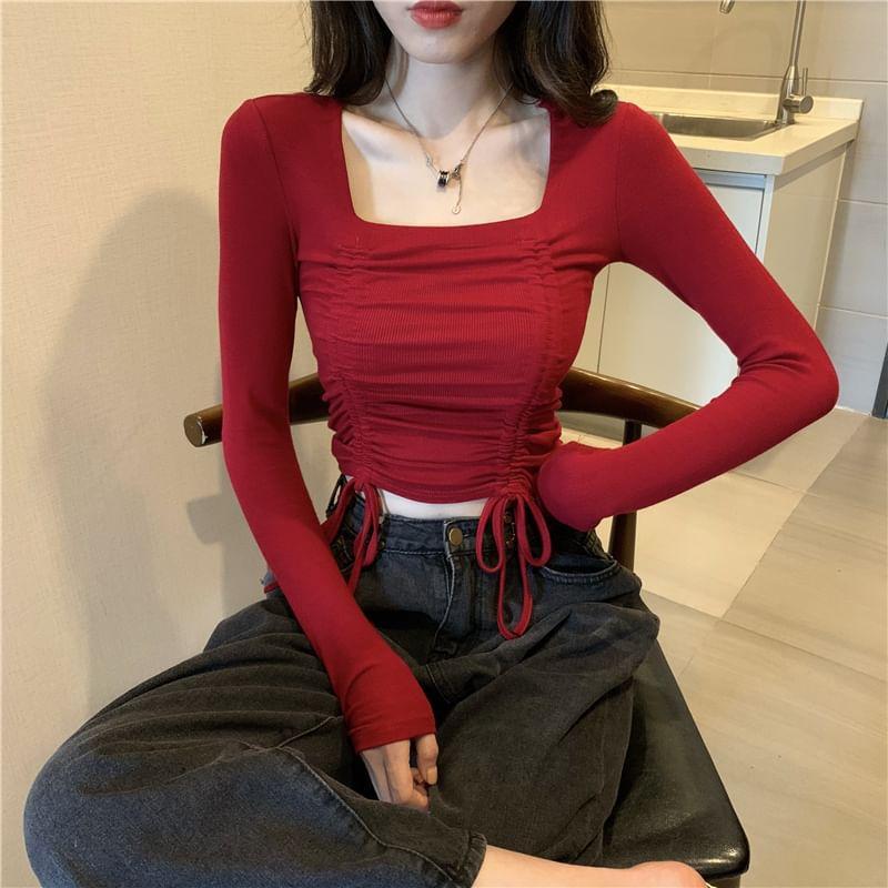 Long-Sleeve Square Neck Plain Drawstring Ruched Crop Slim Fit T-Shirt Product Image