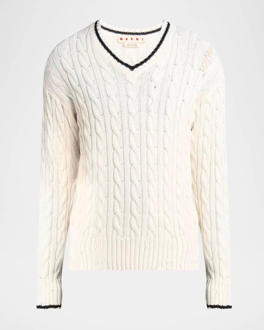 Mens Distressed Cable V-Neck Sweater Product Image